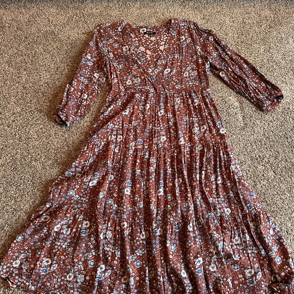 Madewell Floral Long Sleeve Dress in Burgundy and Blue